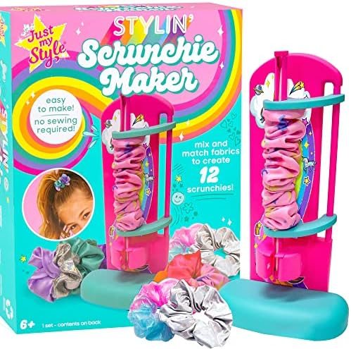 Just My Style DIY scrunchie maker tool with satin fabric strips, sequins and gemstones