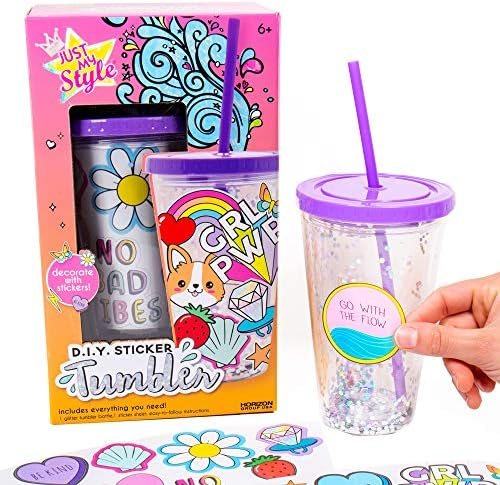 Just My Style DIY glitter tumbler with straw and sheet of reusable vinyl stickers