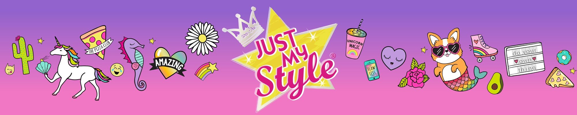 Just My Style doodle sticker banner with unicorn, mermaid corgi and star logo