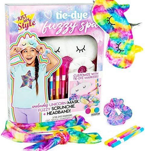 Fuzzy Spa Tie-Dye Set with eye mask, scrunchie, headband and three pastel brush markers