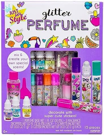 Glitter roller perfume kit with four mini roller bottles, fragrances, glitter, confetti and stickers