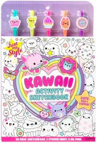 Just My Style Kawaii activity sketchbook with five pastel gel pens and pen toppers