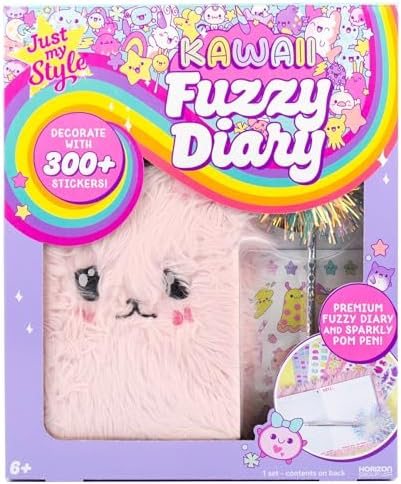 Kawaii Fuzzy Diary with plush cover, iridescent pom pen and sheets of kawaii stickers