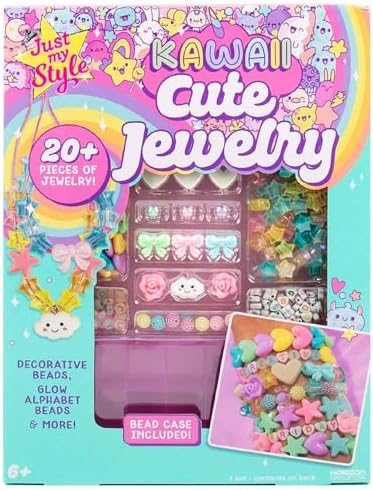 Kawaii Cute jewelry kit with glow-in-the-dark alphabet beads, chunky hearts, bows and storage case