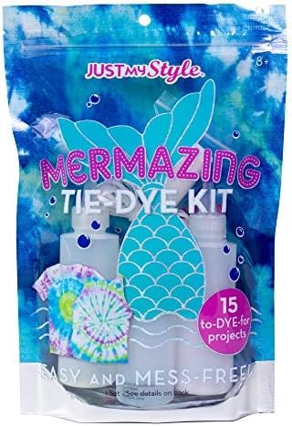 Mer-Mazing tie-dye kit with pink, yellow and blue dyes and iron-on mermaid tail transfer