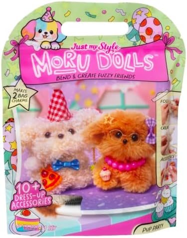 Moru Dolls Puppies kit with two fuzzy stick puppy dolls, accessories and storage box