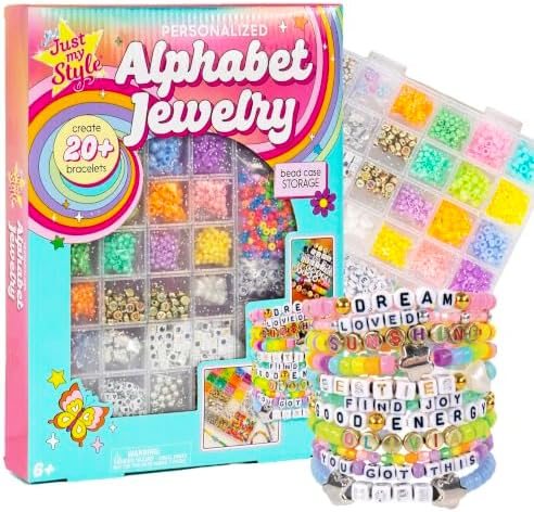 Personalized alphabet jewelry set with round, cube and metallic letter beads in case