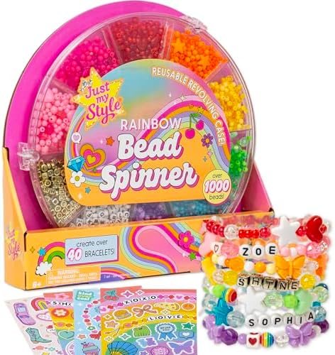 Rainbow Bead Spinner swiveling bead case with letter beads, chunky beads and stretchy elastic