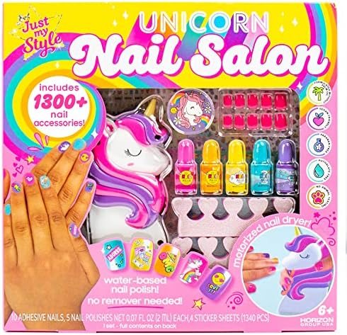 Rainbow Unicorn Nail Art kit with five polishes, unicorn nail dryer and stick-on nails