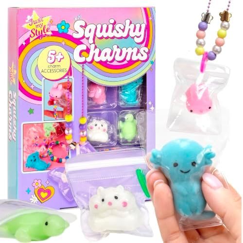 Squishy Charms kit with kawaii monster, turtle, bunny and hamster squishies, pouches and beads