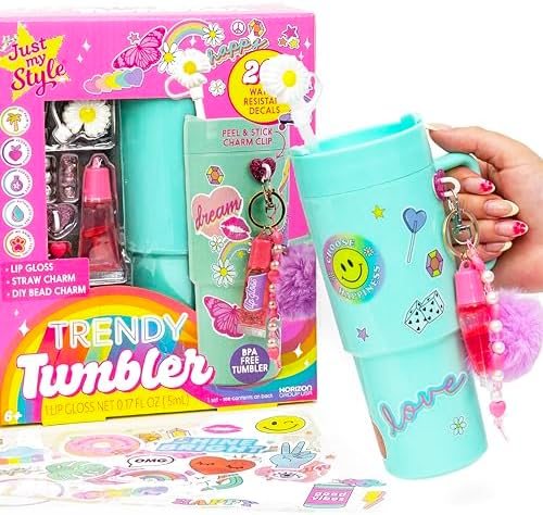 Trendy Tumbler Kit with mint green 20 oz tumbler, retro decals and pom keychain
