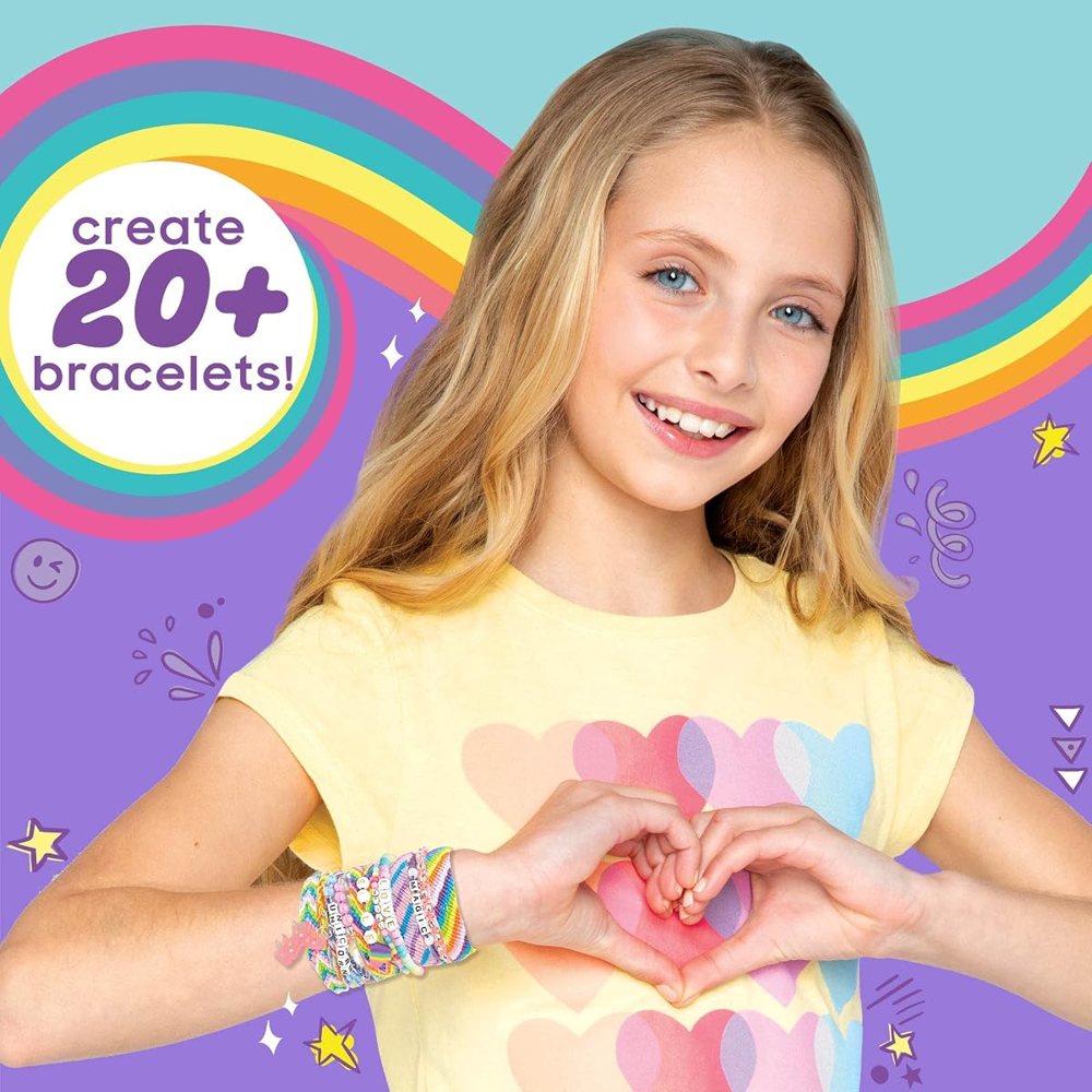 Unicorn friendship bracelet kit with unicorn storage case, thread skeins, alphabet and metallic beads