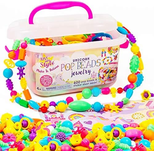 Make & Believe Unicorn Pop Beads, snap-together beads in a storage case with stickers
