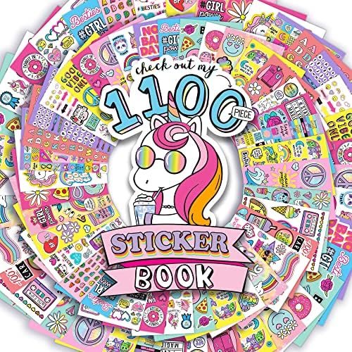 Sparkly spiral-bound vinyl sticker book with 1100 reusable tie-dye, unicorn and sweet treat stickers